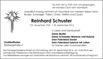 Traueranzeige von Reinhard Schuster von Pegnitz-Zeitung
